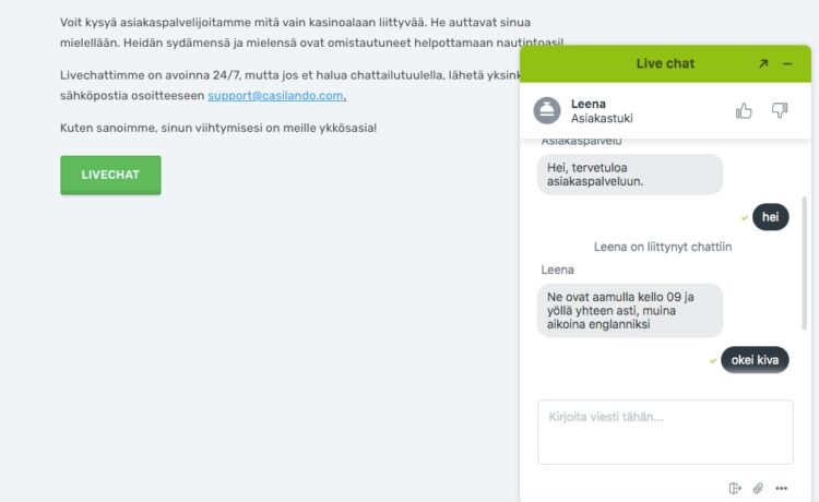 Live chat keskustelu Casilando asiakaspalvelun kanssa