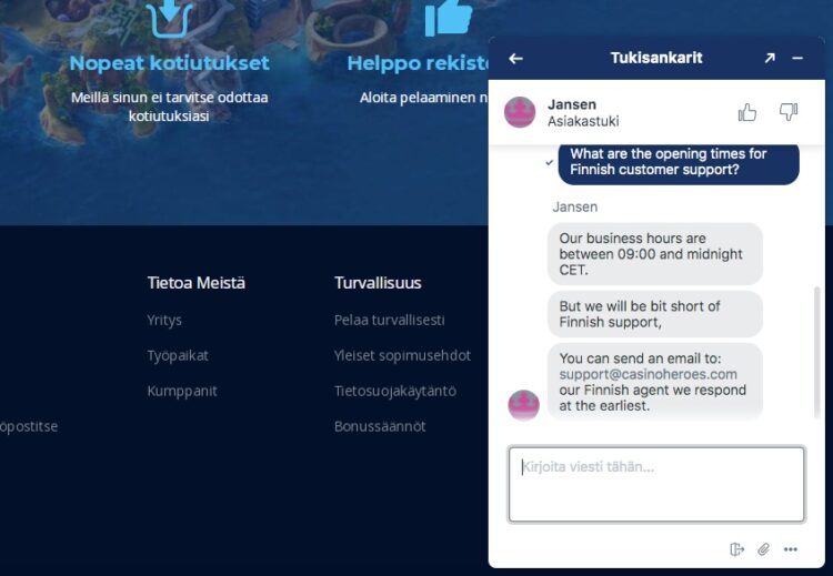 Live chat keskustelu Casino heroes asiakaspalvelijan kanssa