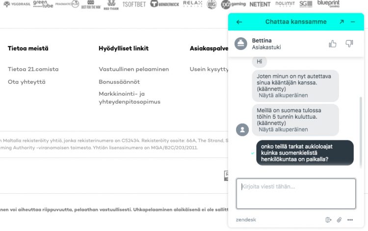 Keskustelu 21.COM kasinon live chatissa