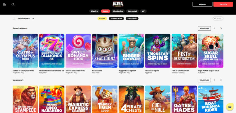 ultra casino pelivalikoima