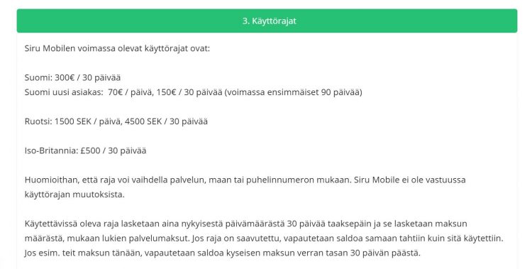 Siru Mobilen talletusrajat eri maiden asukkaille