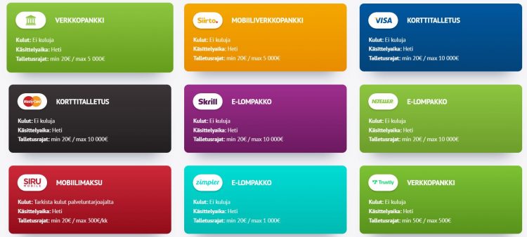 Esimerkkejä erään nettikasinon tarjoamista maksutavoista