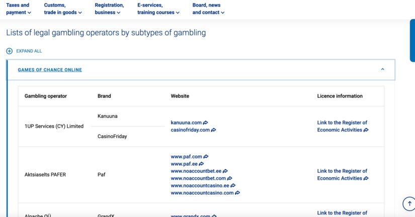 Viroon rekisteröityjä kasinoita Viron peliviranomaisen sivuilla