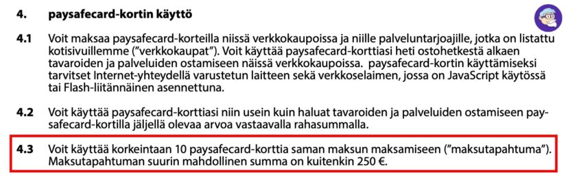 Paysafecard kortin maksimikäyttörajat