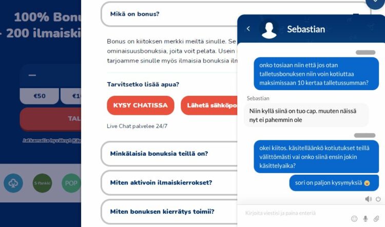 Live chat keskustelu Buusti Kasinon asiakaspalvelun kanssa