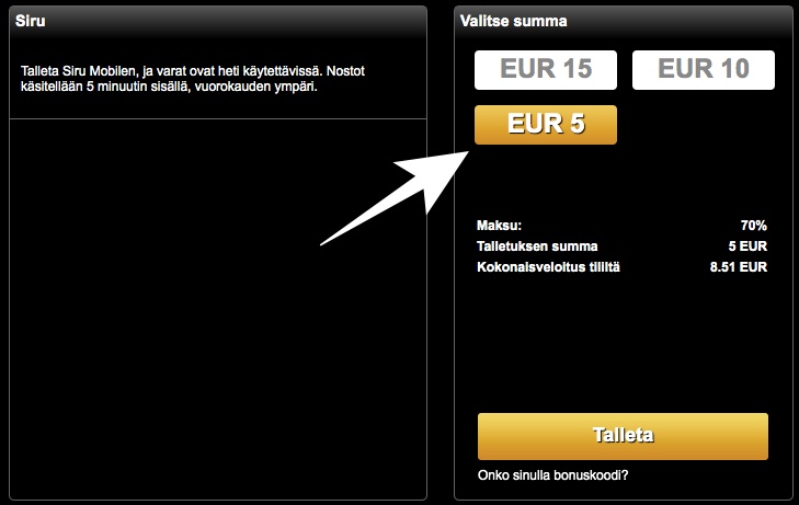 5e talletus siru mobilella ja kokonaiskulut
