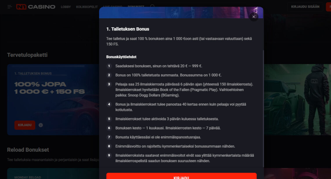 n1 casino talletusbonus