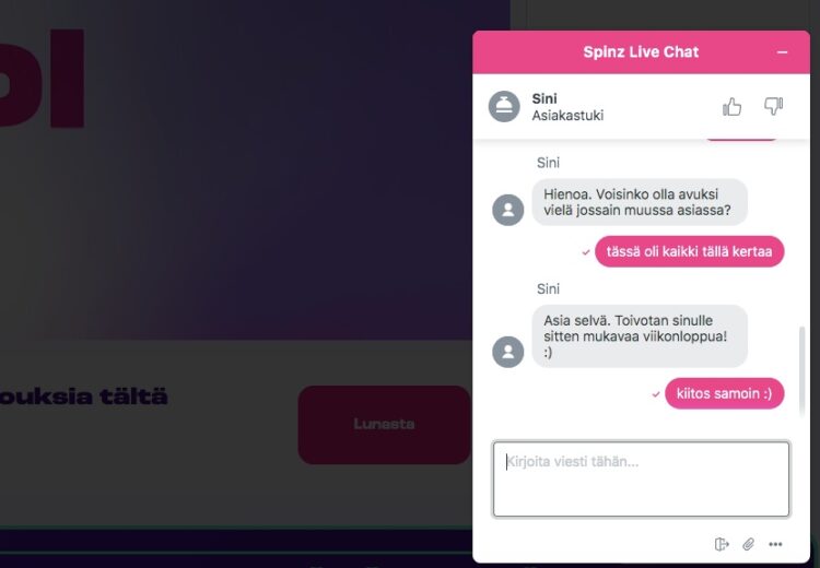 Keskustelu Spinz Casinon live chatissa