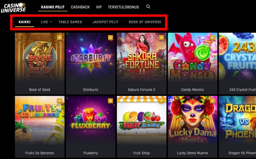 Casino Universen pelikategoriat