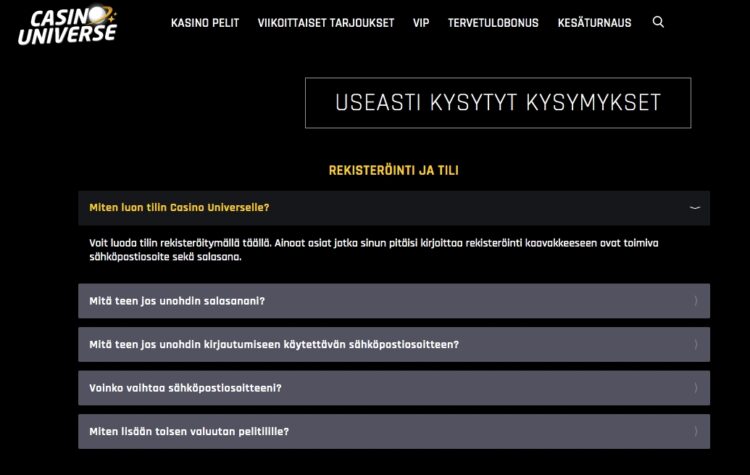 Casino Universe usein kysyttyjä kysymyksiä