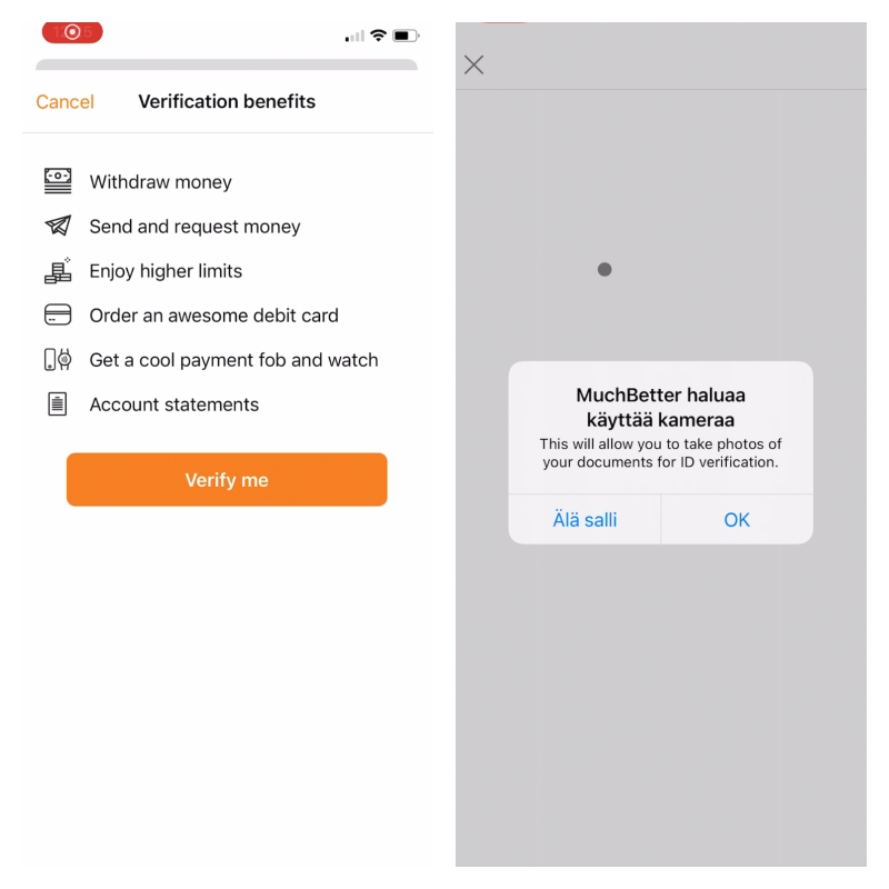 Muchbetter tilin verifiointi kameran salliminen