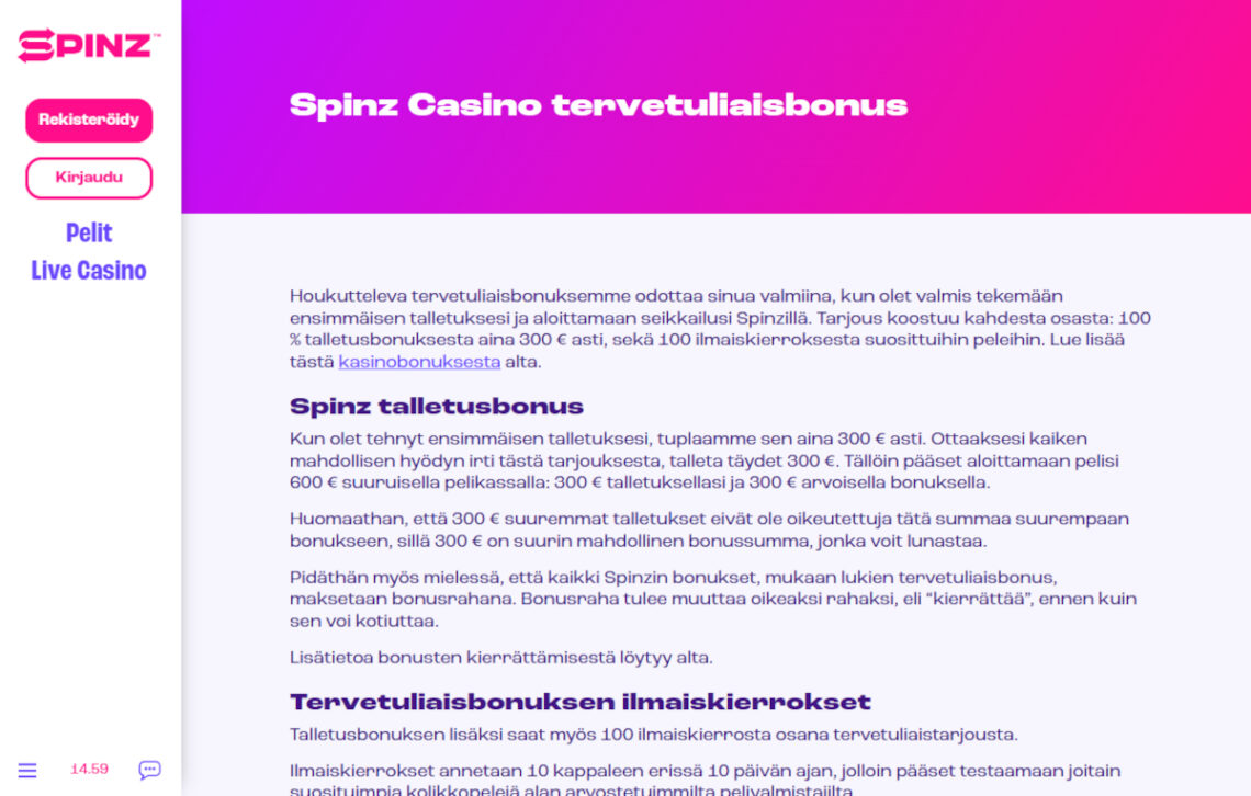 spinz casino talletusbonus