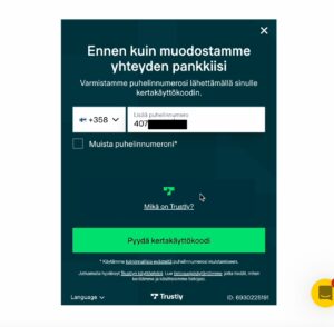 Trustly kasino pyytää antamaan puhelinnumeron johon lähetetään vahvistuskoodi