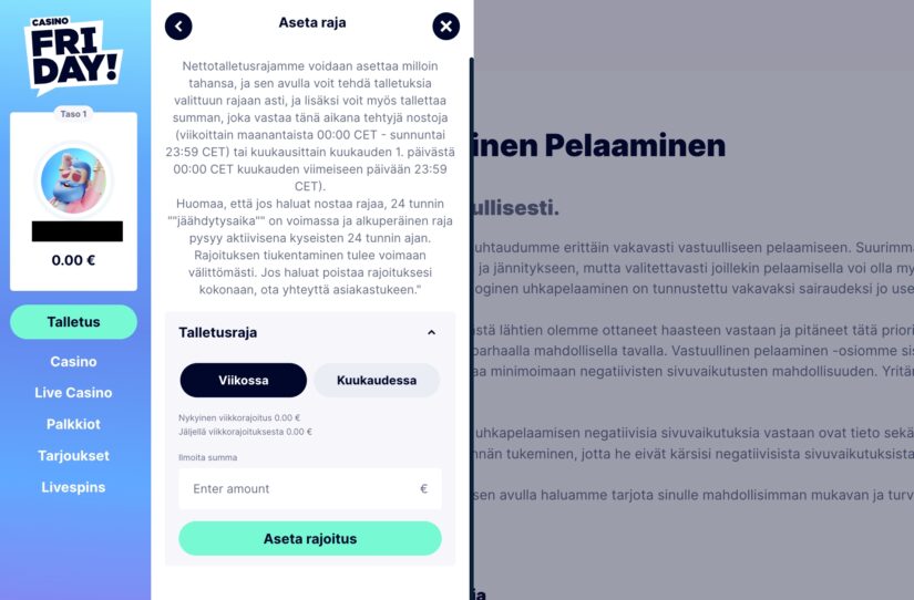 Talletusrajan asettaminen Casinofridaylla