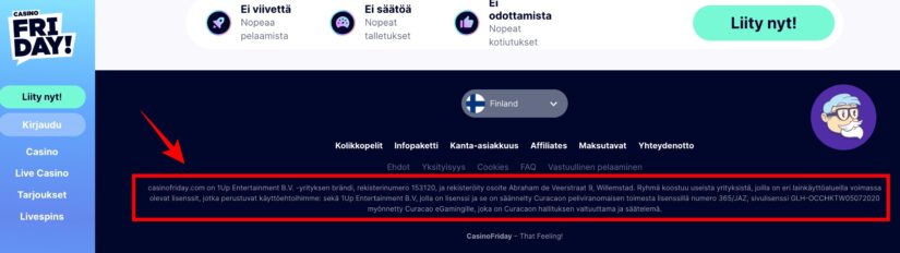 Lisenssitiedot Casino Fridayn sivustolla