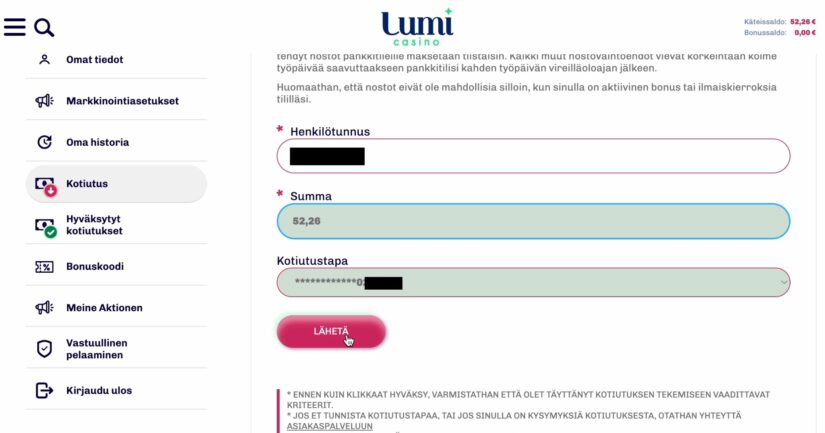 Lumi casino kotiutus välilehti