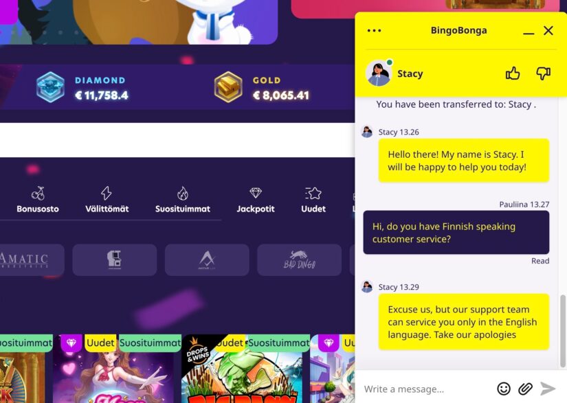 Keskustelu BingoBonga Casinon live chatin kanssa