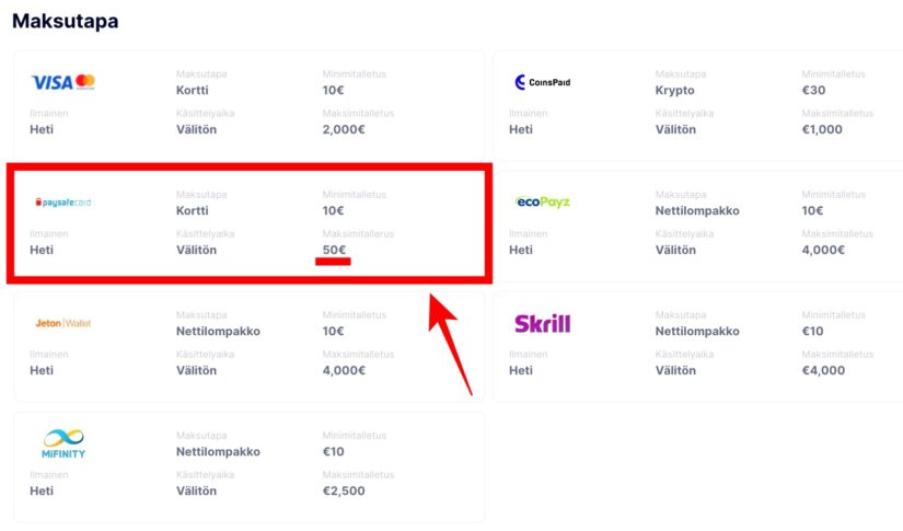 Paysafecard kasino talletusrajat