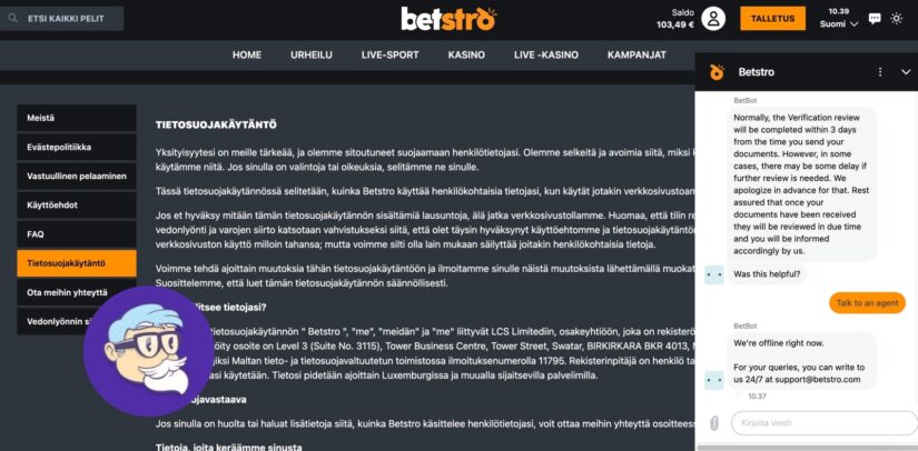 Keskustelu Betstro Casinon livechatin kanssa