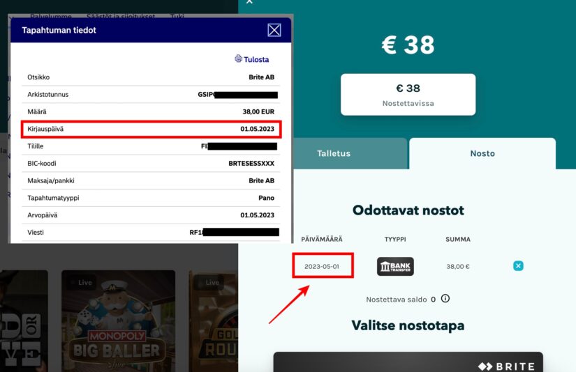 Lucky Days casino kotiutuspyyntö ja onnistunut kotiutus pankkitilillä