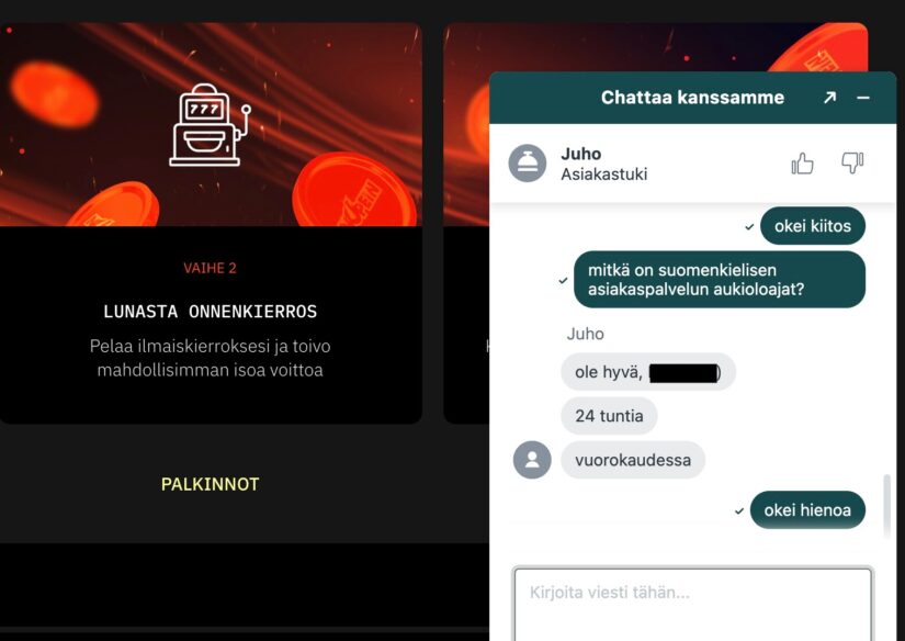 Keskustelu Nopein.com casinon asiakaspalvelun kanssa