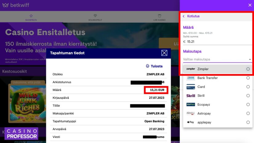 Betkwiff kotiutuspyyntö ja tilille maksettu kotiutus