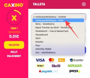 Brite maksutavan valitseminen Caxino Casinolla