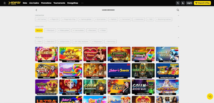 energy casino pelivalikoima