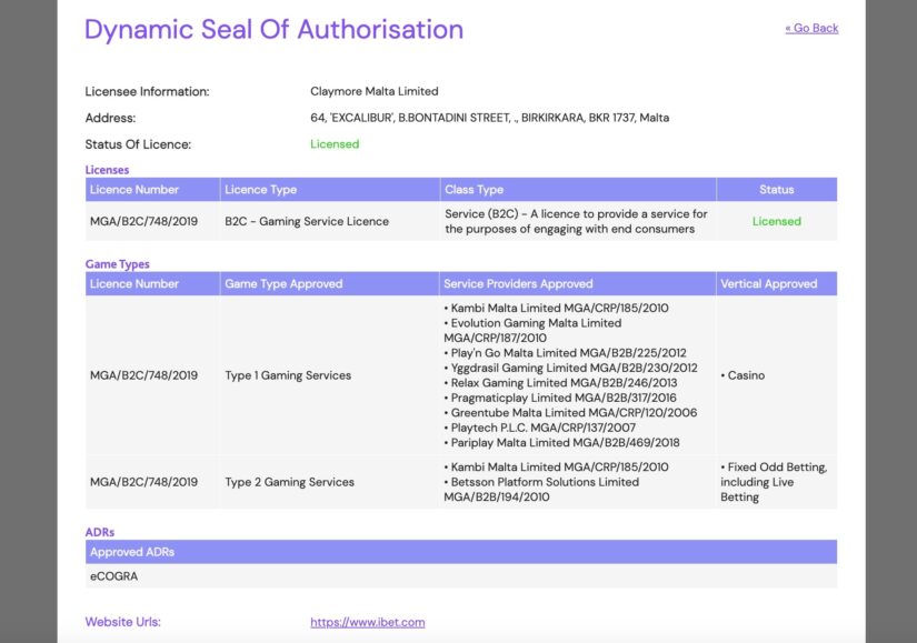 Maltan peliviranomaisen myöntämä lisenssi ibet Casinolle