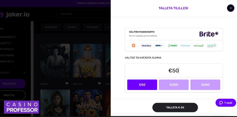 Talletus Jokeri.io Casinolle tapahtuu Briten verkkopankkitalletuksella