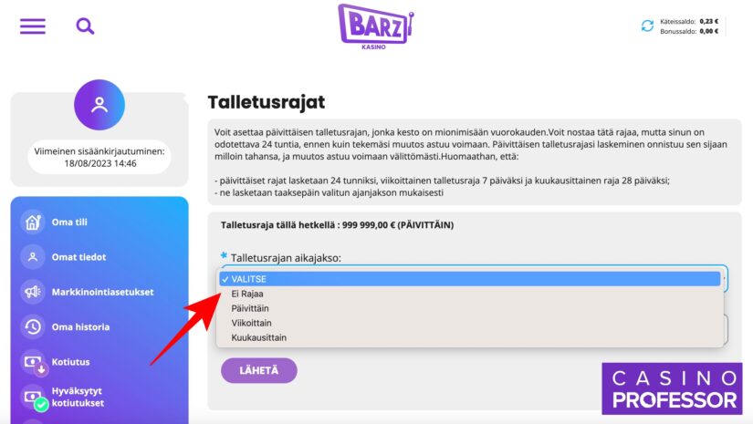Talletusrajan asettaminen Barz Casinolla