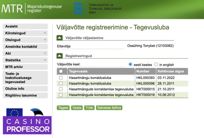 Tonybet Casinon virolainen pelilisenssi