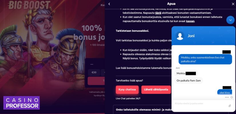 Live chat BigBoost casinolla