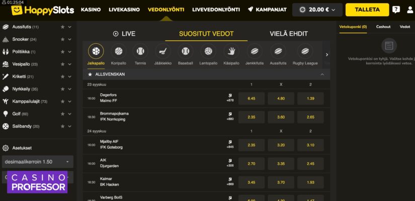 Vedonlyönti aula Happy Slots casinolla