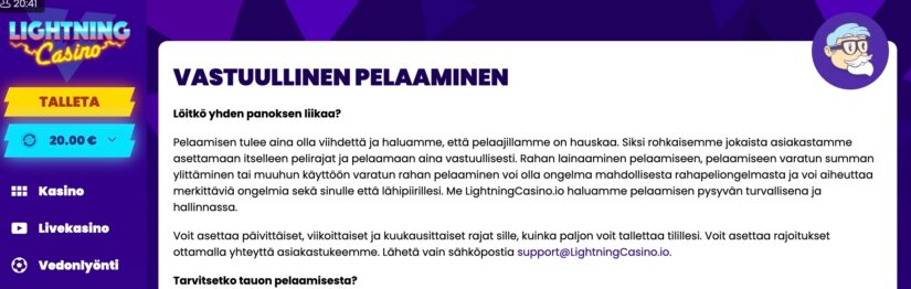 Vastuullisen pelaamisen osio Lightning Casinolla