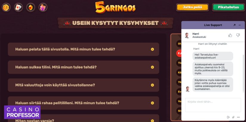 Keskustelu 5Gringos casinon live chatissa