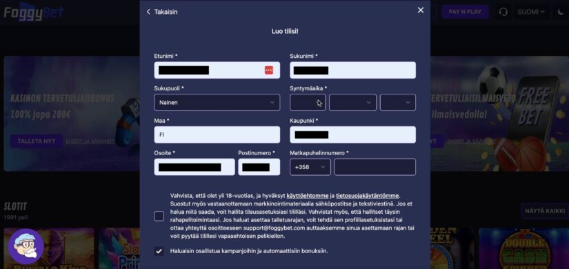 Rekisteröitymislomake Foggybet casinolla