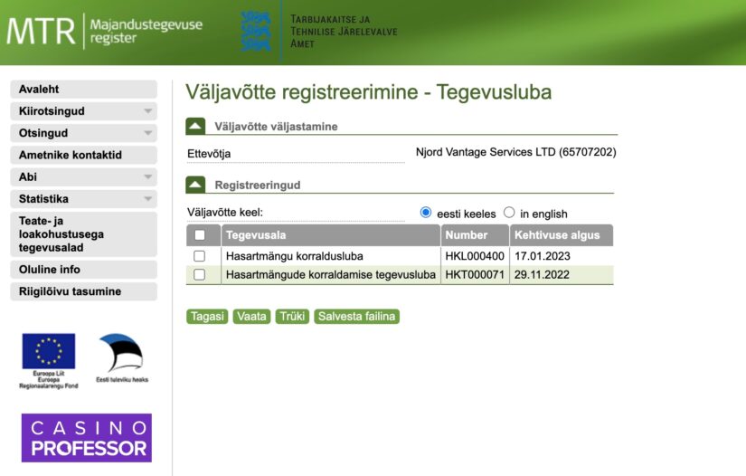 Hillo Casinon lisenssi Viron peliviranomaisen sivuilla