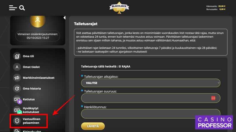 Pelirajojen asettaminen Blackjack City casinolla