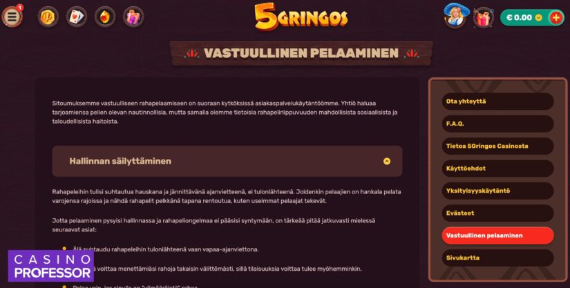 vastuullisen pelaamisen välilehti 5gringos casinolla