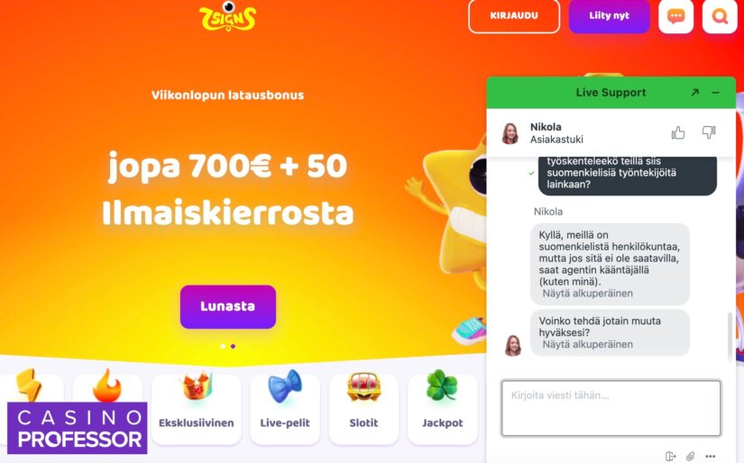 Keskustelu 7Signs casinon livechatissa