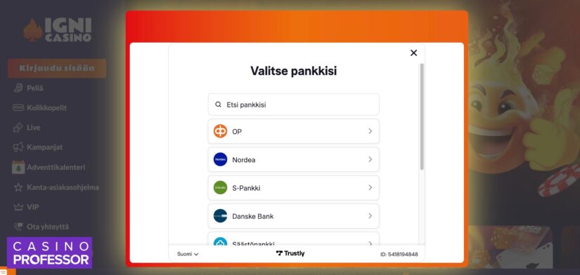 Tallettaminen Igni Casinolle tapahtuu pankkitunnuksilla