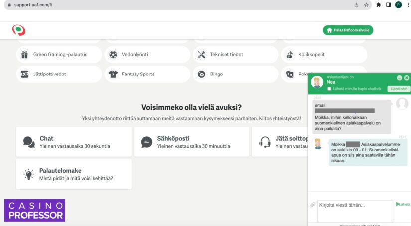 Keskustelu Paf Casinon live chatissa
