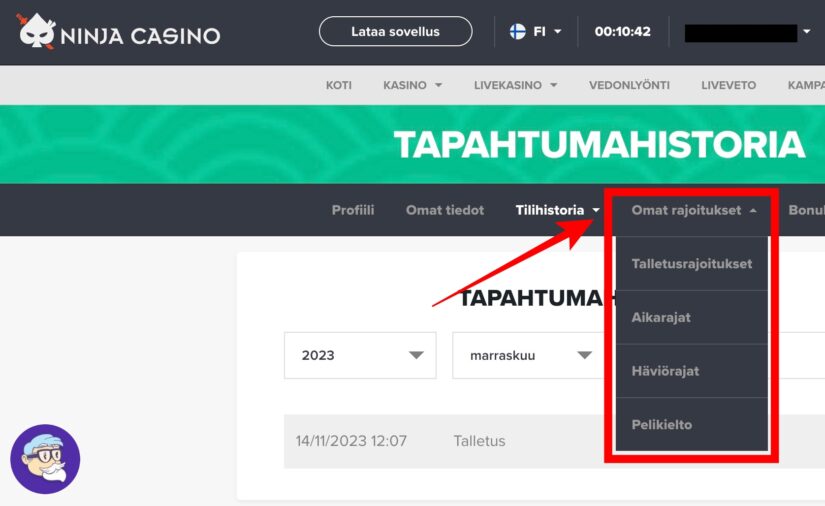 Pelien rajoitustyökaluille on oma välilehti Ninja Casinon pelaajaprofiilissa