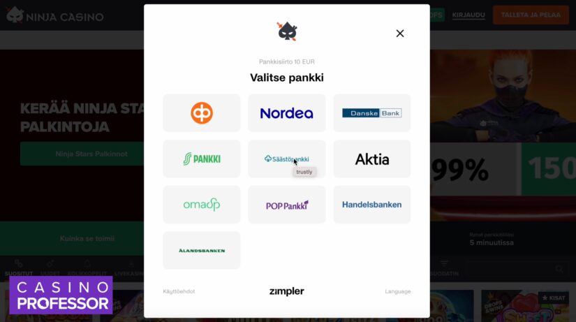 Talletus Ninja Casinolle onnistuu verkkopankkitunnuksilla