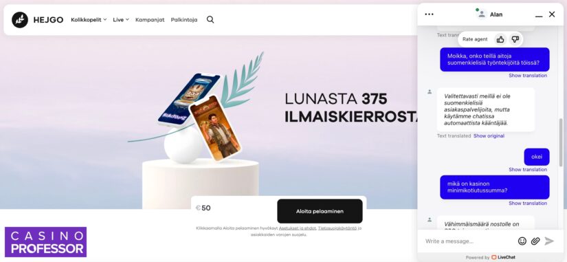 Hejgo casinon livechat vastailee kysymyksiin