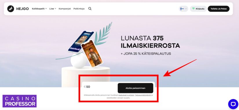 Talletuslomake Hejgo Casinon etusivulla