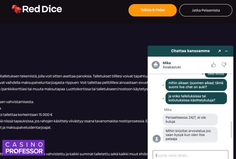 Keskustelu Red Dice Casinon live chatissa