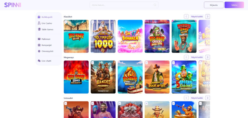 spinni casino pelivalikoima