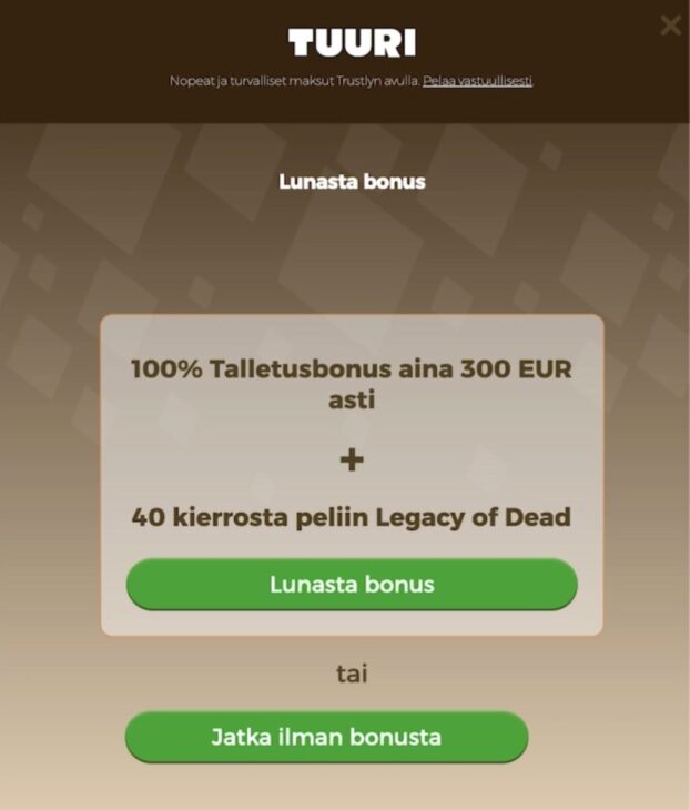 Talletusbonuksen aktivointi Tuuri Kasinolla